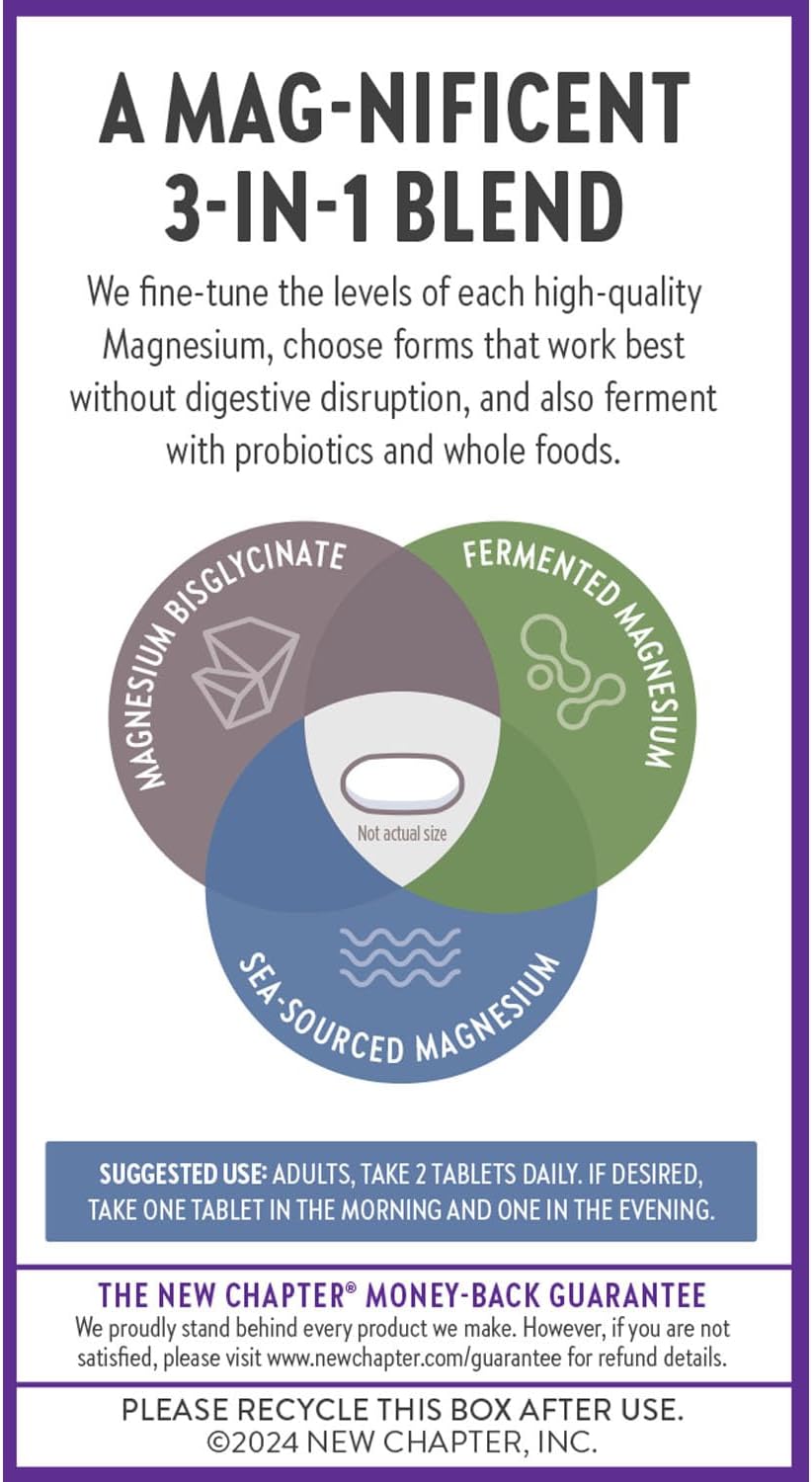 Product label for a magnesium supplement blend with text and icons on a purple background.