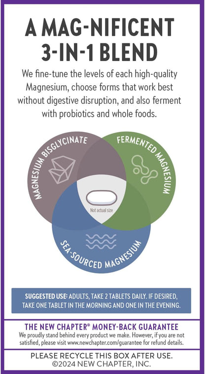Product label for a magnesium supplement blend with text and icons on a purple background.
