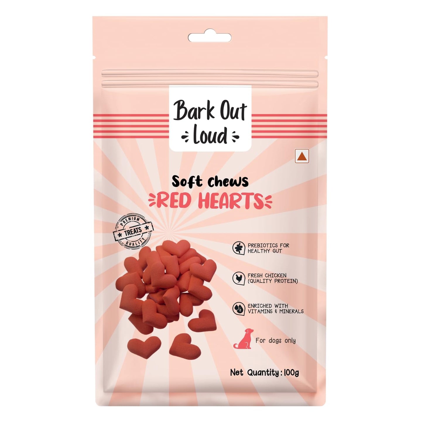BARK OUT LOUD Red Hearts Soft Chews | Fresh Chicken Dog Treats | No Sugar - Prebiotics, Vitamins, Minerals, Antioxidants for Dogs 100g