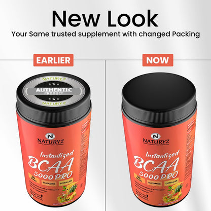 Comparison of Naturez BCAA supplement packaging with 'Earlier' and 'Now' labels.
