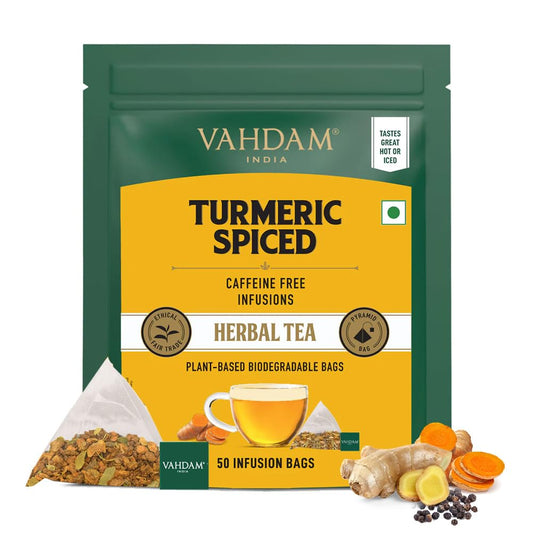 VAHDAM, Turmeric Spice Infusion Bags – 50 Pyramid Bags | Caffeine Free, Non-GMO | Pure Herbal Tisane – Savory & Spicy | Resealable Ziplock Pouch
