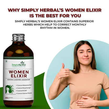 Simply Herbal Super Women Elixir for Women's Menstrual Health, Reflief in PCOD & PCOS, Controls Mood Swing, Abdominal Cramps (Pack of 1-450 Ml Each)