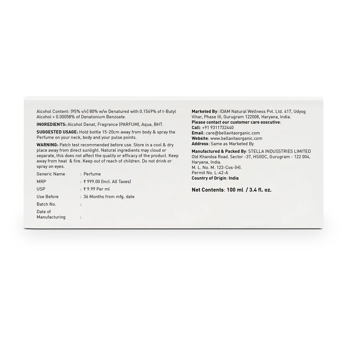 Back label of a perfume bottle with text and product details on a white background