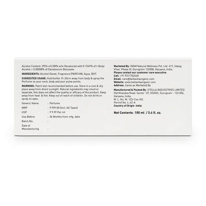 Back label of a perfume bottle with text and product details on a white background