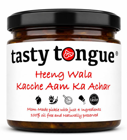 tasty tongue' Heeng Wala Kacche Aam ka teekha Achar/Hing ki Achari (Spicy Asafoetida-Raw Mango Pickle), Traditional, 100% Oil-Free, preservatives-free, Sun dried, Certified