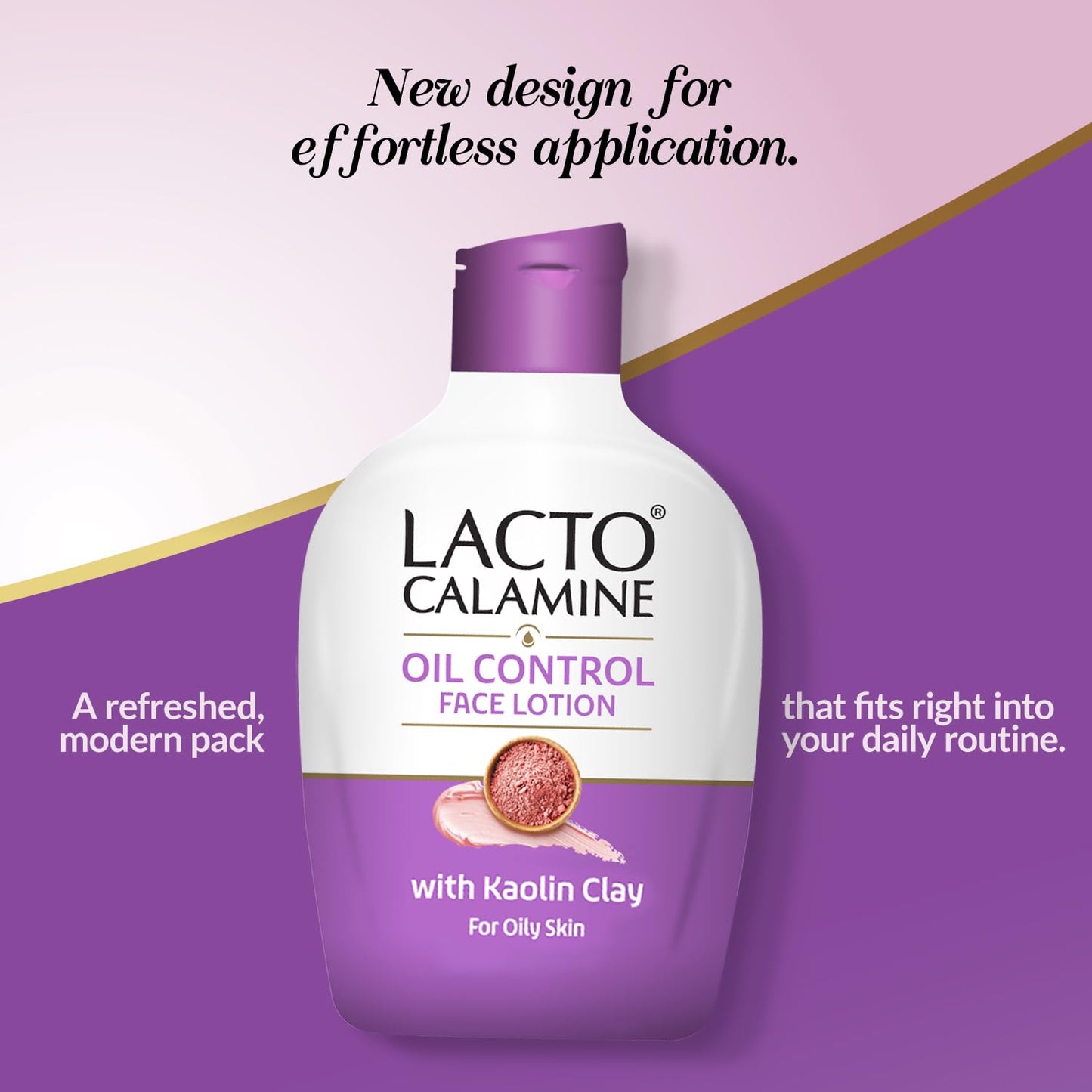 Lacto Calamine oil control face lotion bottle on a purple background with text about new design and application.
