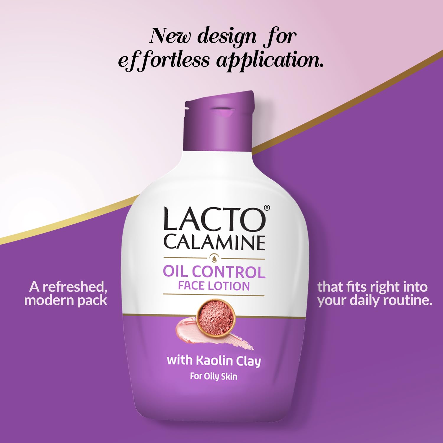 Lacto Calamine oil control face lotion bottle on a purple background with text about new design and application.