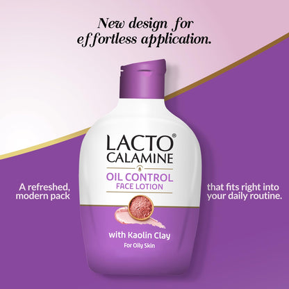 Lacto Calamine oil control face lotion bottle on a purple background with text about new design and application.