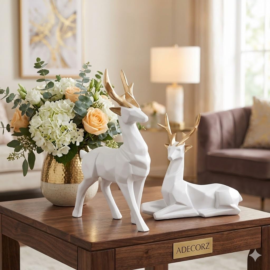 Geometric Resin Deer Sculpture Set of 2, White with Gold Antlers, Resin, 12.3 x 6.5 cm, Home Decor Figurines | Standing & Sitting Deer Pair | Creative Showpiece for Gift | Handcrafted