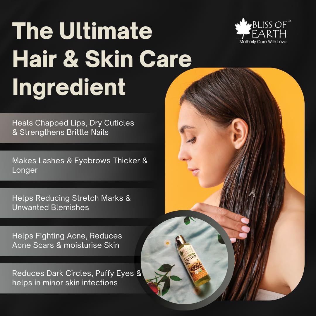 Bliss of Earth Organic Cold Pressed Castor Seed Oil For Hair Growth, Skin & Thicker Eyelashes, Hexane Free Arandi Tel, 100ml