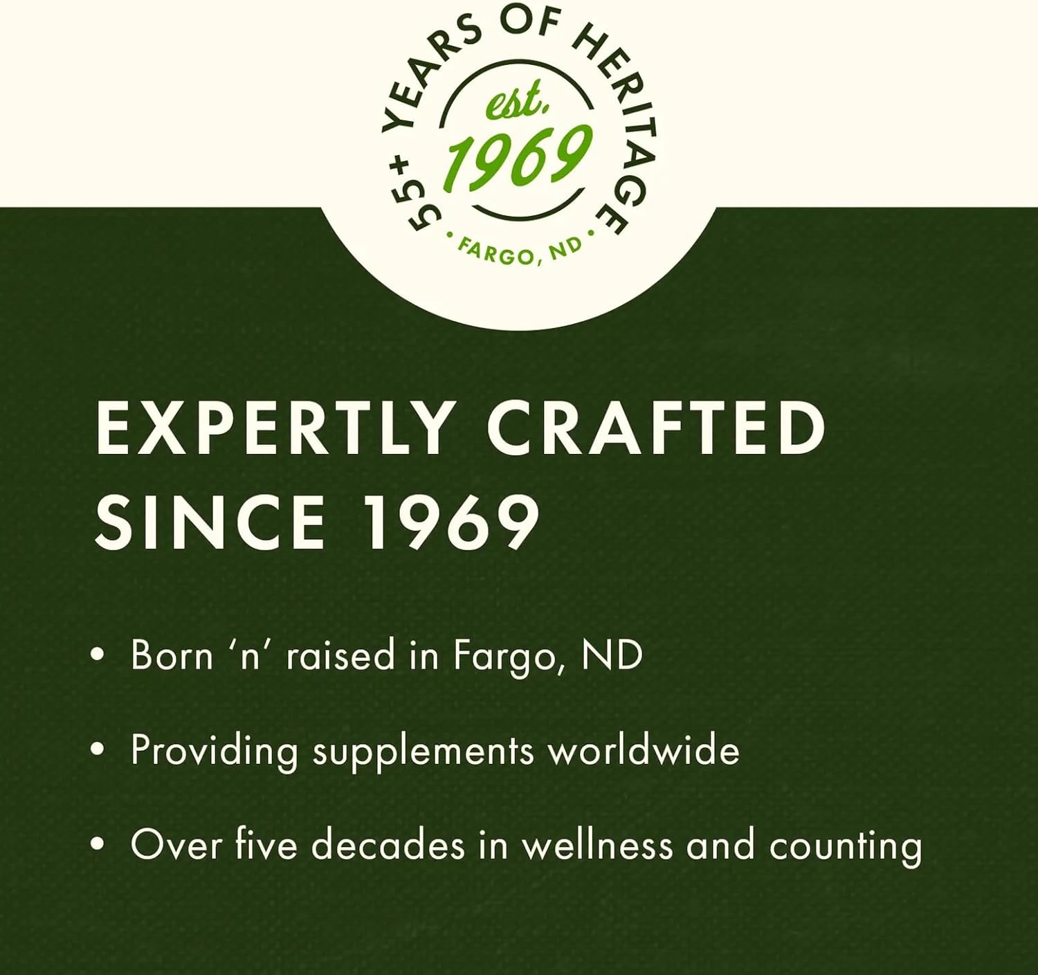 Green banner with text about a company's heritage and expertise in supplements, featuring a circular logo with 'est. 1969' on a white background.