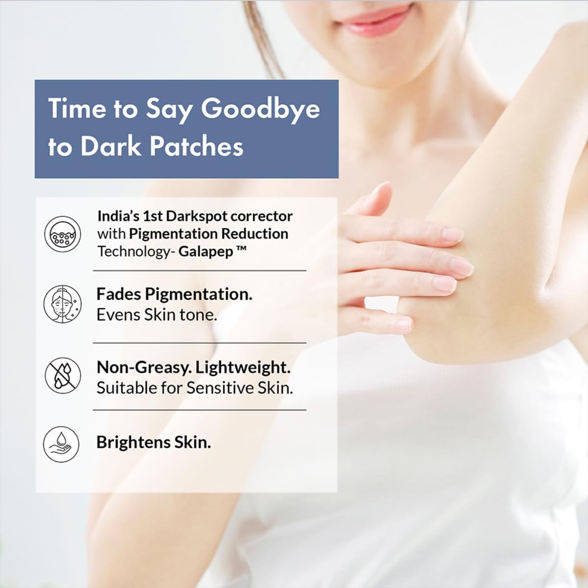 Advertisement for a dark spot corrector with text and a woman's arm showing skin improvement.