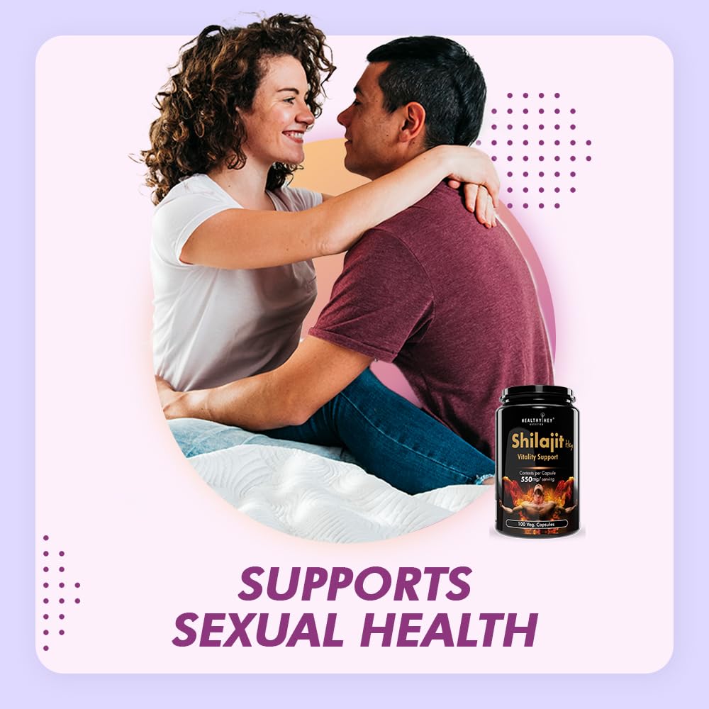 Couple embracing with a Shilajit supplement container on a light purple background