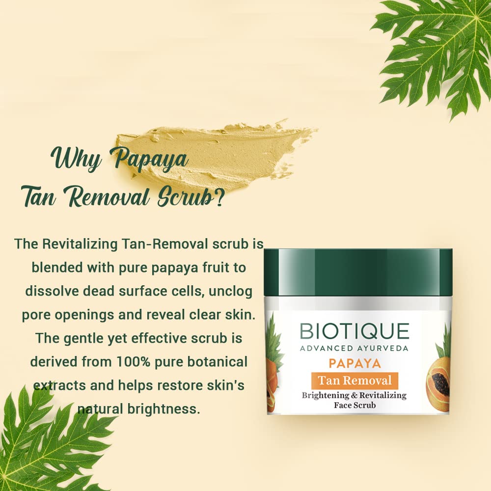 Biotique Papaya Tan Removal Scrub packaging with text on a beige background
