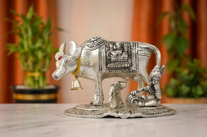 KridayKraft Kamdhenu Cow and Calf with Krishna Idol, Silver-Plated Decorative Showpiece for Home Decor and Gift, 14 x 11 cm X 10 cm, 350 g