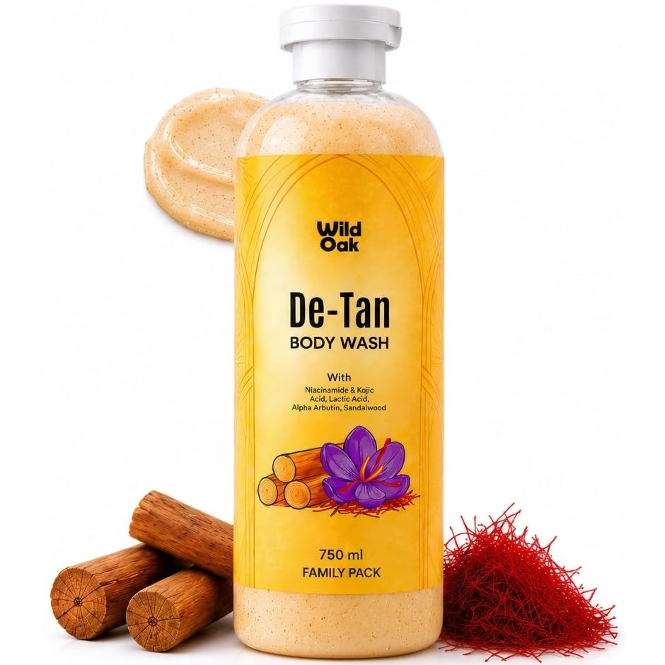 WildOak Detan Body Wash with Walnut Shell Powder for Exfoliation | 750 ml | 2-in-1 BodyWash | Kojic Acid, Alpha Arbutin, Niacinamide, Saffron & Sandalwood | Brightening Shower Gel with Scrubbing Beads