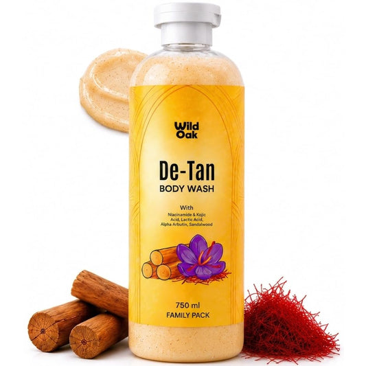 WildOak Detan Body Wash with Walnut Shell Powder for Exfoliation | 750 ml | 2-in-1 BodyWash | Kojic Acid, Alpha Arbutin, Niacinamide, Saffron & Sandalwood | Brightening Shower Gel with Scrubbing Beads