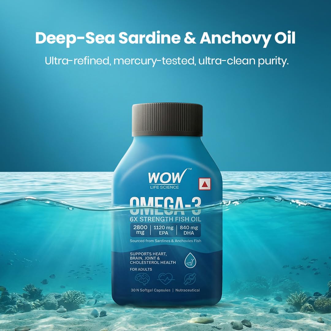 WOW Life Science Omega‑3 6X Strength Fish Oil Softgel Capsules | 2800 mg Fish Oil with 1120 mg EPA & 840 mg DHA | Supports Heart, Brain & Joint Health | Sourced from Sardines & Anchovies | 30 Softgel Capsules