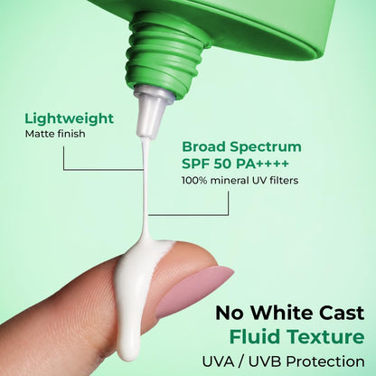 Green bottle dispensing white liquid onto a hand with text highlighting features on a green background