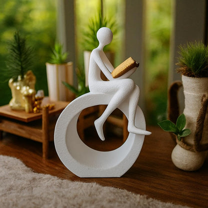 Aura 3D Person Reading a Book on Circular Base Abstract Statue for Home Decor showpiece Figurine Sculpture for Home Decoration Items for Living Room Office Desktop Bookshelf White Art Gift