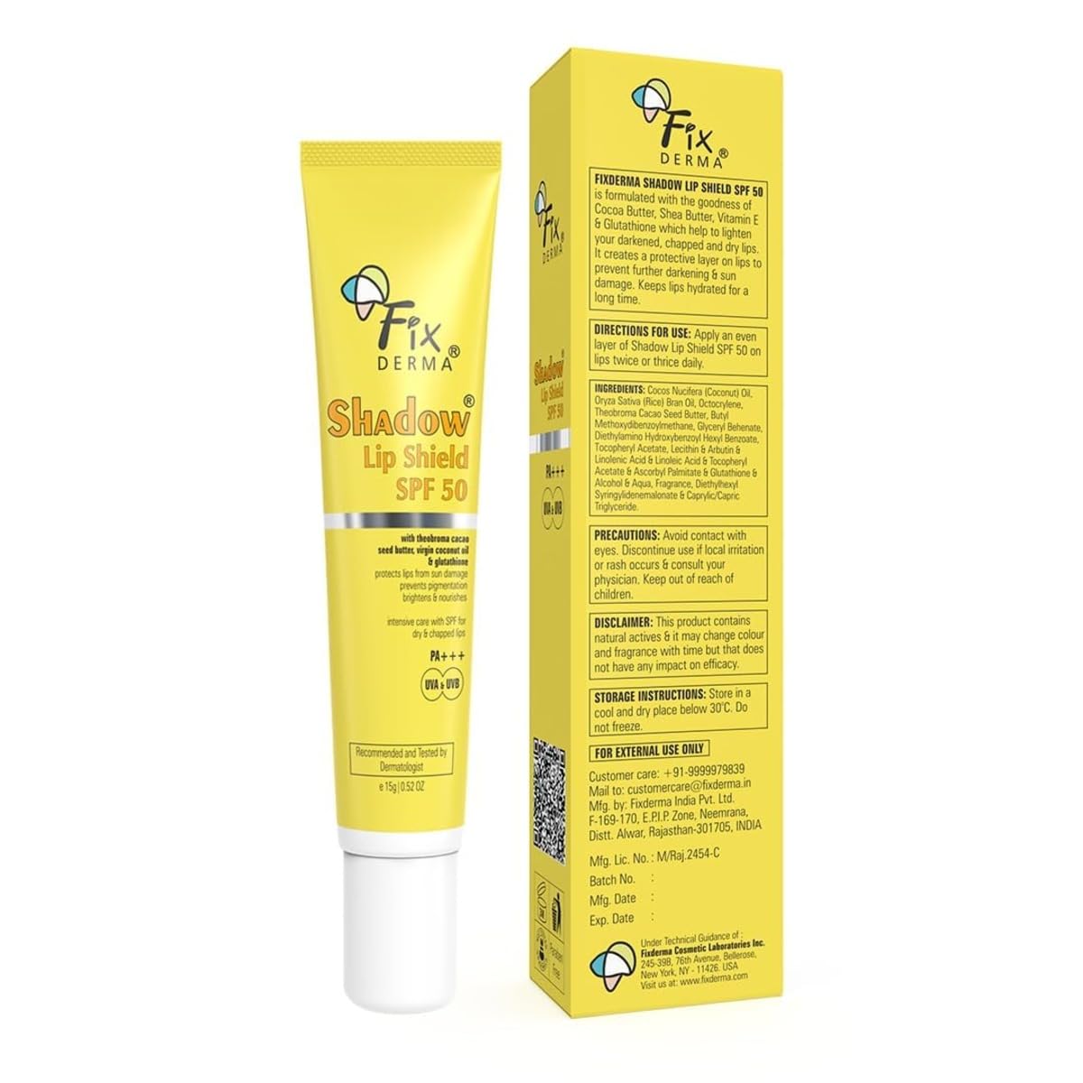 Fixderma Shadow SPF 50 Lip Shield Pa+++ Lip Balm with Cacao Seed Butter & Vitamin E | Prevents Pigmentation & Sun Damage | Lightens Pigmented Lips | Protects Against UVA & UVB Rays - 15gm