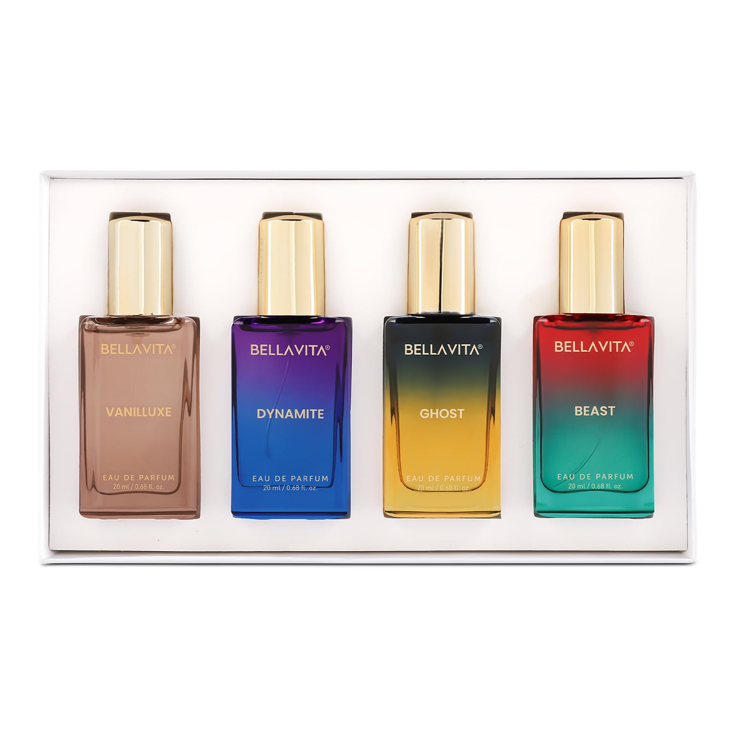 Four Bellavita perfume bottles in different colors on a white background