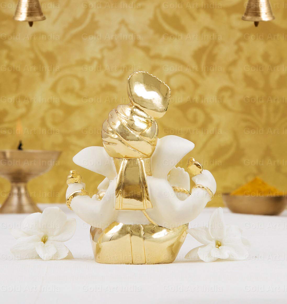 Gold Art India Ceramic Ganesh Idol For Car Dashboard Ganesha Murti Ganpati Idol For Home Decor Puja Lord Ganesh Statue Gift For Office Desk Puja Room Figurine (6x4x3cm, Gold), Religious