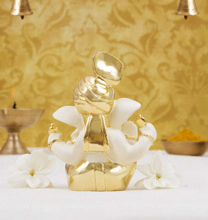 Gold Art India Ceramic Ganesh Idol For Car Dashboard Ganesha Murti Ganpati Idol For Home Decor Puja Lord Ganesh Statue Gift For Office Desk Puja Room Figurine (6x4x3cm, Gold), Religious