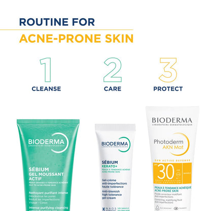 Bioderma skincare products for acne-prone skin with step-by-step routine on a white background.