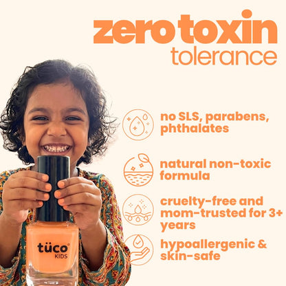 Child holding a bottle of tuco kids nail polish with product features listed.
