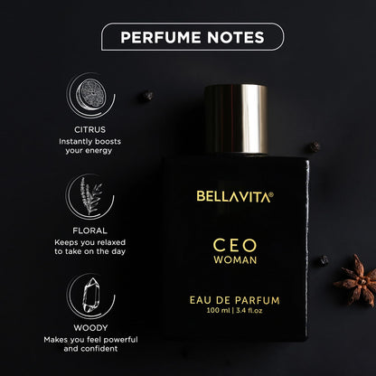Bellavita CEO Woman Eau de Parfum bottle with perfume notes on a dark background
