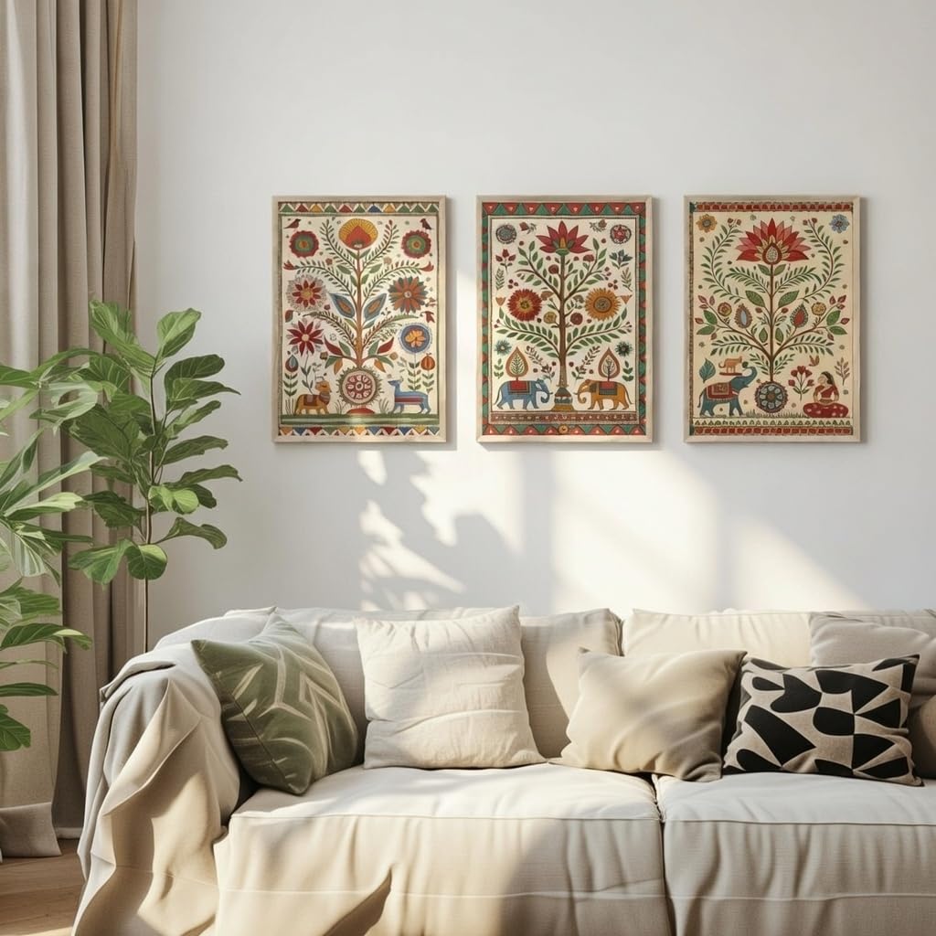 Indian Folk Art Floral Wall Painting Set of 3 with Wooden Frames | Traditional Ethnic Artwork HD Sparkle Laminated MDF Wall Decor | Boho Botanical Wall Art for Living Room Bedroom Décor