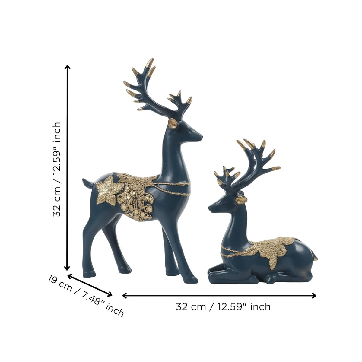 eCraftIndia Resin Reindeer Showpiece for Home Decor Living Room (Pack of 2 Golden Blue) | Vastu Feng Shui Items for Good Luck Gift for Housewarming Birthday