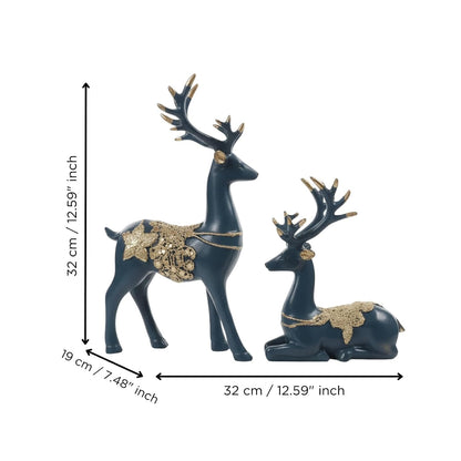 eCraftIndia Resin Reindeer Showpiece for Home Decor Living Room (Pack of 2 Golden Blue) | Vastu Feng Shui Items for Good Luck Gift for Housewarming Birthday