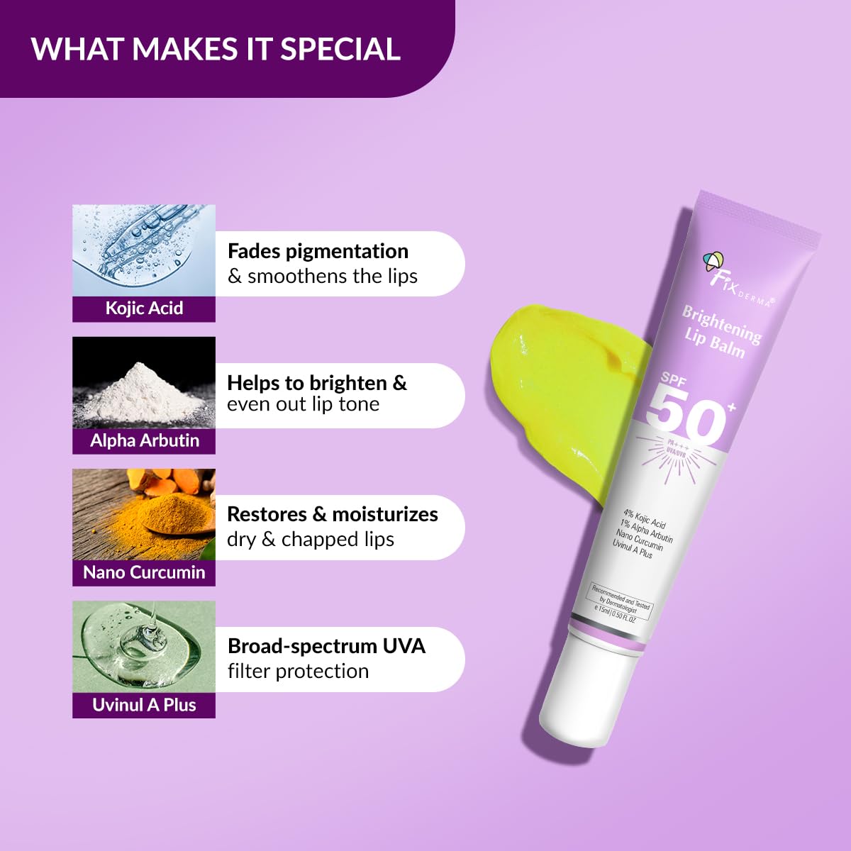 Fixderma Brightening Lip Balm With SPF 50 PA+++ for Pigmented & Dry Lips | 4% Kojic Acid, 2% Alpha Arbutin | Moisturizes, Hydrates & Brightens Pigmented Lips | For Men & Women - 15ml