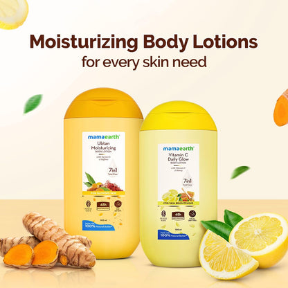 Mamaearth Ubtan Moisturizing Body Lotion with Turmeric & Saffron for Glowing Skin - 100 ml |48H Moisturization | Nourishes Dry Skin | 7in1 Total Care | 100% Natural Butter | Non-Greasy Smooth Skin