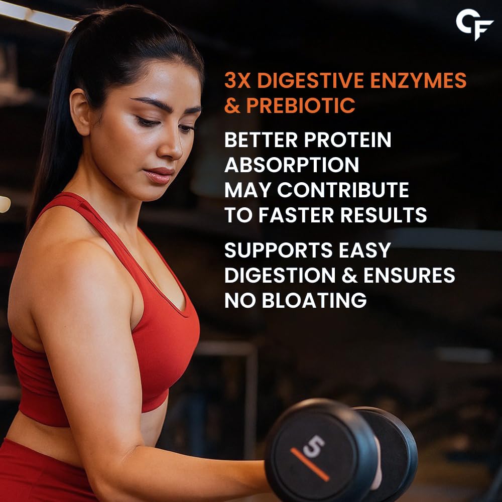 Woman lifting weights with fitness supplement information text overlay