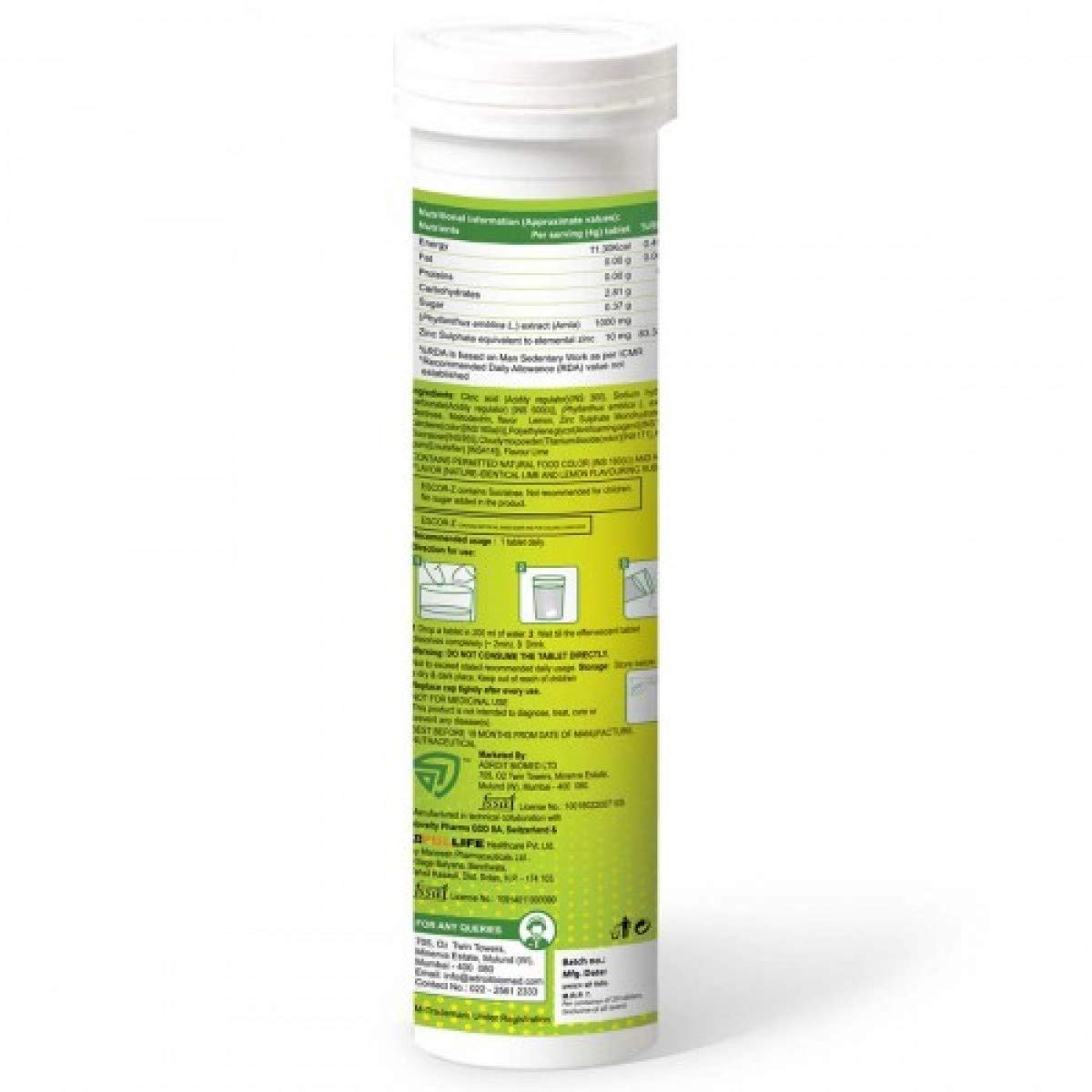 Supplement tablet container with green label on a white background