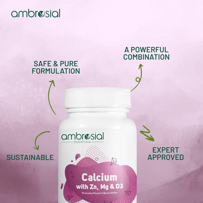 Ambrosial Calcium supplement bottle with text highlighting features on a pink background