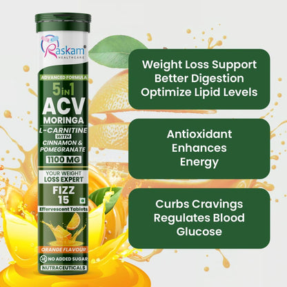 ACV Moringa 5 in 1 formula Effervescent Tablets | 15 Tablets, Pack Of 1 | With L-Carnitine Pomegranate & Cinnamon | Supports Fat Burn | Weight Loss Drink for Women, Men