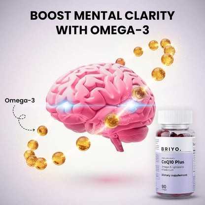 Supplement bottle labeled 'BRIYO' with a brain and omega-3 capsules on a light background