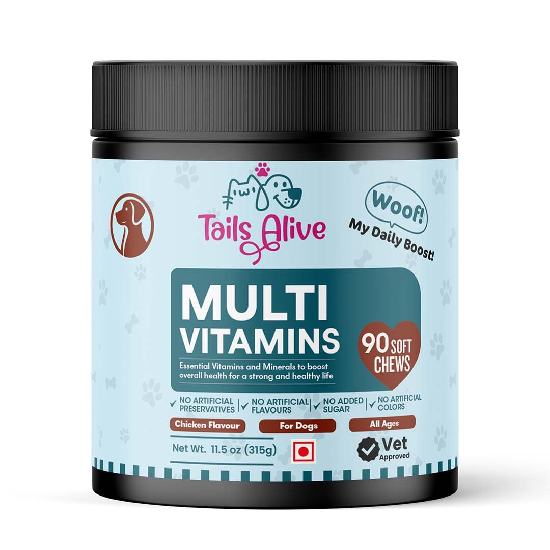 TailsAlive 15-in-1 Multivitamin Soft Chew Supplements for Dogs | Daily Vitamins & Minerals for Immunity, Energy & Growth | Cold-Pressed, Vet Approved | Chicken Flavour | For All Breeds - 90 Soft Chews