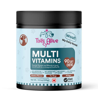 TailsAlive 15-in-1 Multivitamin Soft Chew Supplements for Dogs | Daily Vitamins & Minerals for Immunity, Energy & Growth | Cold-Pressed, Vet Approved | Chicken Flavour | For All Breeds - 90 Soft Chews