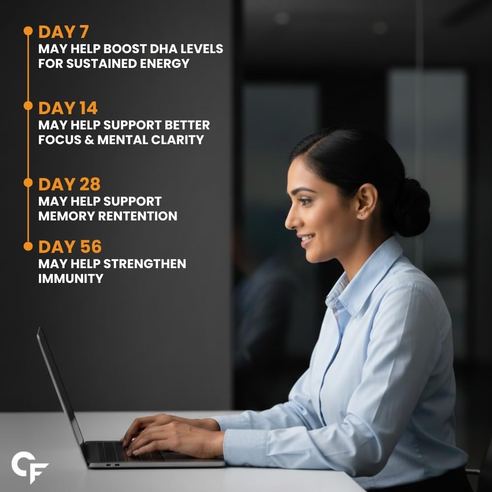 Woman using a laptop with health benefits text on the side