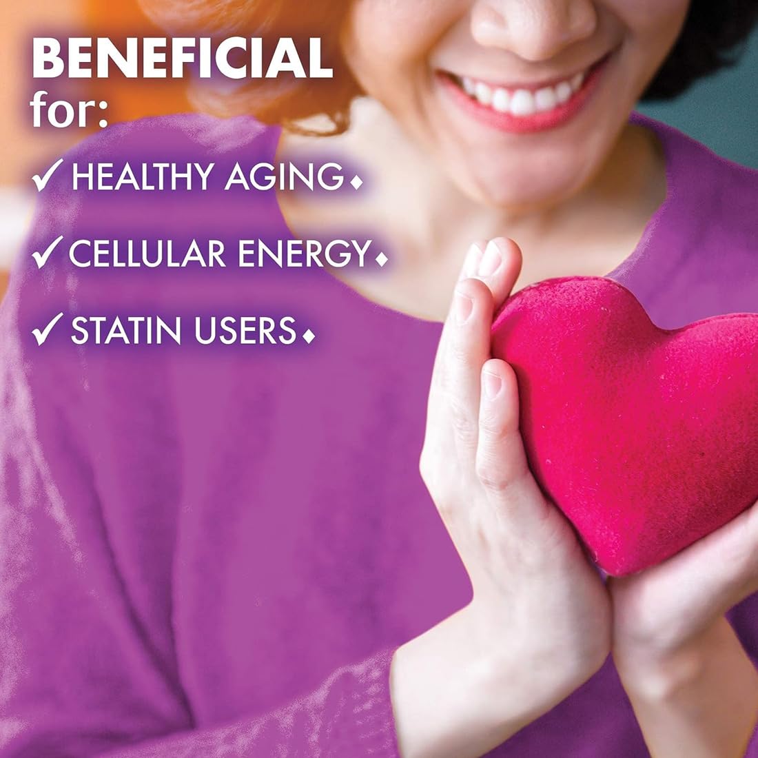 Person holding a red heart with text about health benefits on a purple background