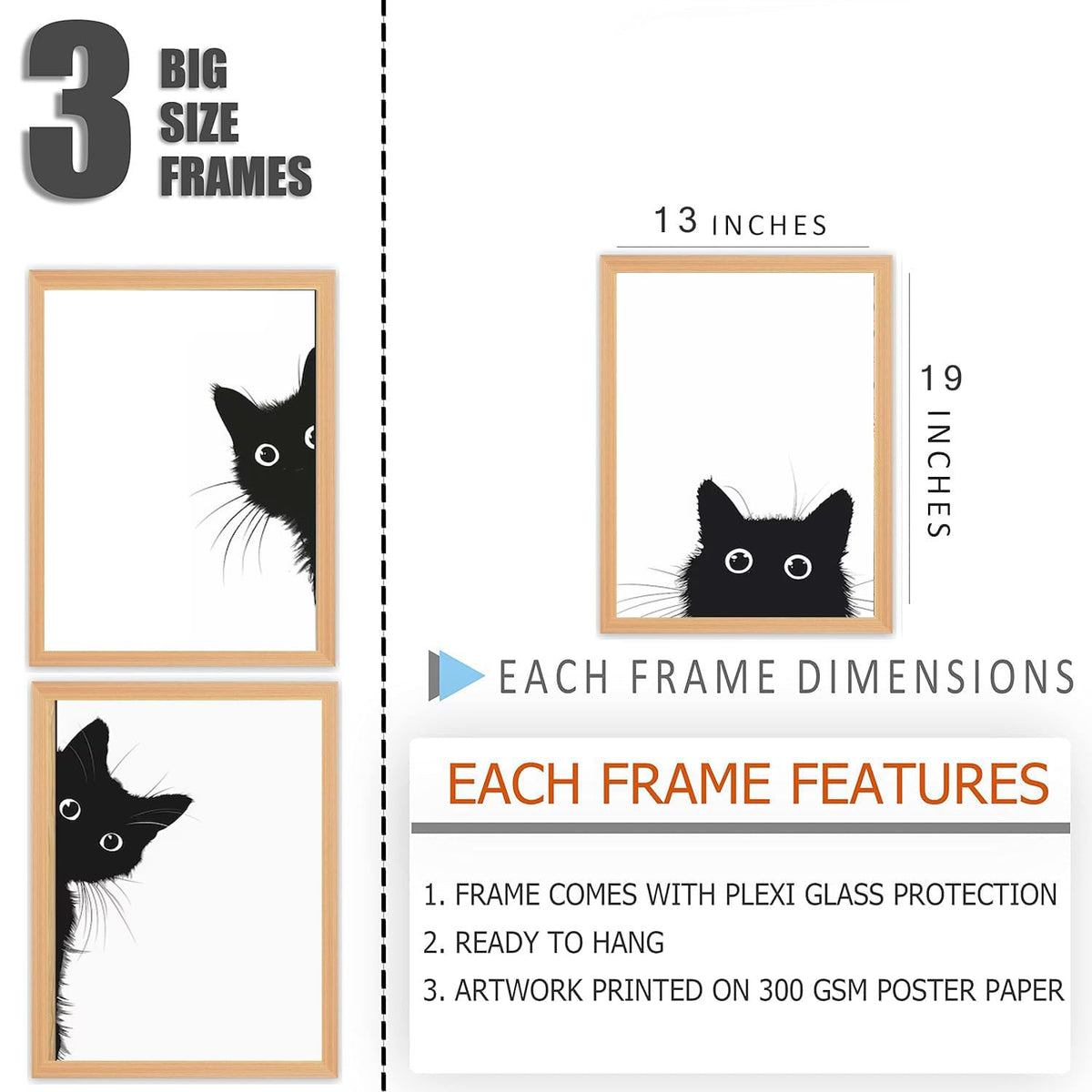 Big Modern Framed Posters Wall Decor Paintings For Living Room, Bedroom/Big Paintings For Wall Decoration, Frames For Wall Decor Set of 3 (13x19 Inches) (Cat)