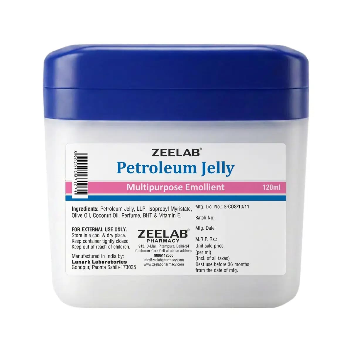 Zeelab Petroleum Jelly container with blue lid on a white background