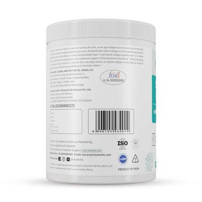 Neuherbs Collagen Supplement | Marine Skin Glow Collagen Peptides for Men & Women | With Hyaluronic Acid, Biotin, Vitamin C & E for Glowing & Youthful Skin | Orange Flavour, 200g