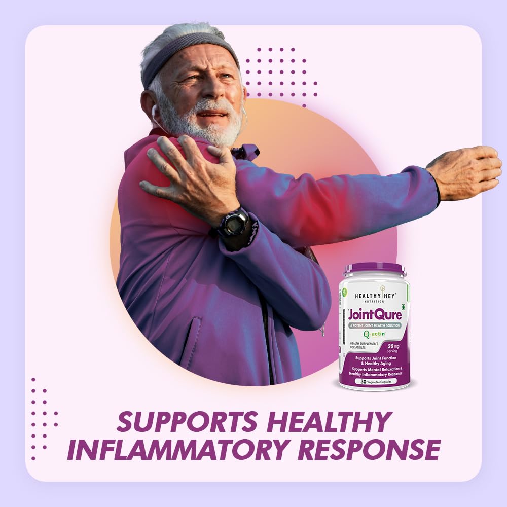 Man stretching with a supplement bottle labeled 'Joint Cure' on a purple background