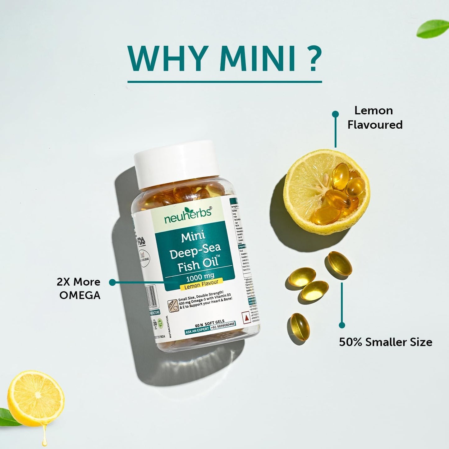 Neuherbs Mini Deep Sea Omega 3 Fish Oil Capsules 1000mg Supplement | EPA - 360mg, DHA - 240mg | With Vitamin E & D3 | Suppots Heart, Brain, Muscle & Joint Health| Lemon Flavour - 120 Softgels